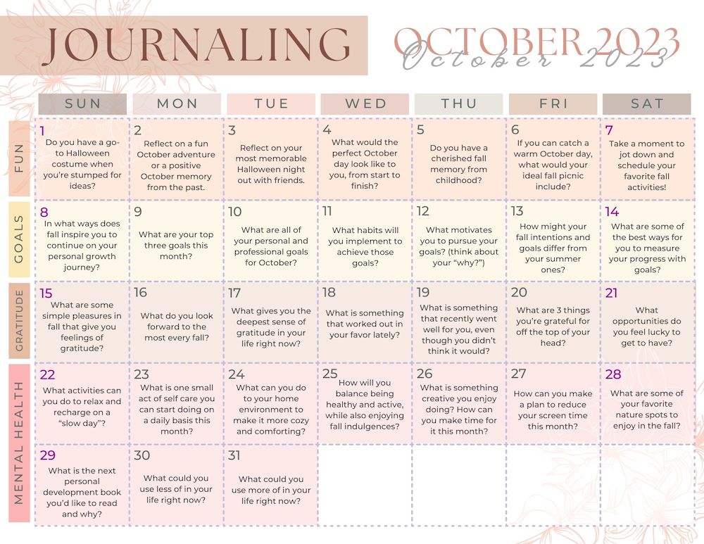 october journal prompts printable calendar
